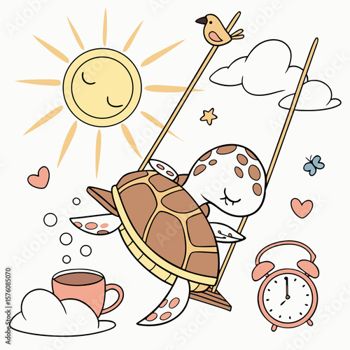 Cute SVG of a Bashful Swimming turtle in Sunny Mornings colors, featuring on a cloud swing in a Morning sunshine setting