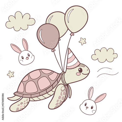 Cute Content Swimming turtle, accessorized with wearing a party hat, in a Soft pastel world – Soft Pastel palette vector