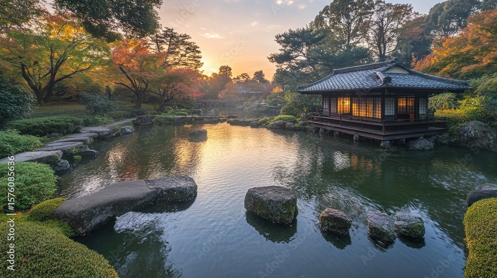 Obraz premium Peaceful Japanese garden pavilion at sunset.