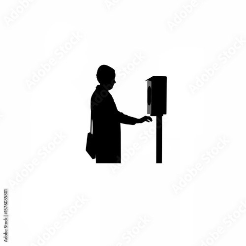 Silhouette of person using contactless soap dispenser on white background