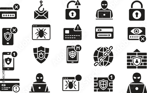 Silhouette Cybersecurity threats and protection icons set. Security, firewall, hacker, data. vector illustration
