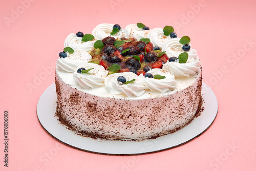 Wallpaper Mural Delicious berry-topped cream cake on pink background for special occasions and celebrations Torontodigital.ca