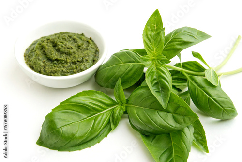 Fresh holy basil leaves with smooth ground paste for medicinal use on white background
