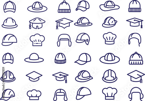 Headwear line icons set. Hat, cap, helmet, fashion. editable stroke. vector illustration