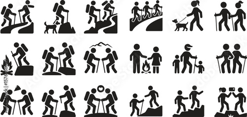 Silhouette hiking and outdoor icons set. Adventure, backpack, mountain, nature vector illustration isolate on white background