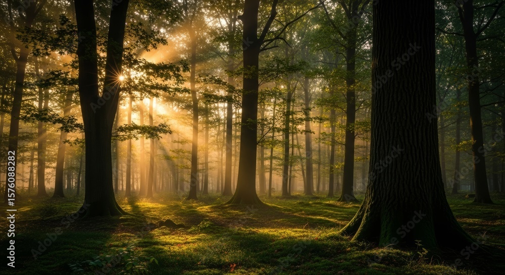 Obraz premium Serene Forest Scene with Sunlight Filtering Through Trees