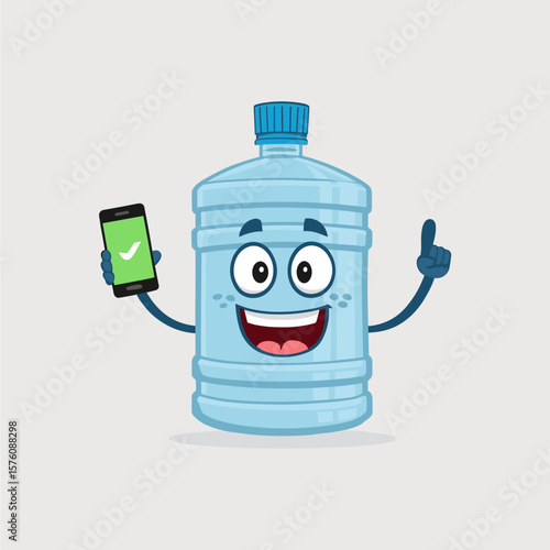 Cartoon water bottle mascot holding phone with check mark
