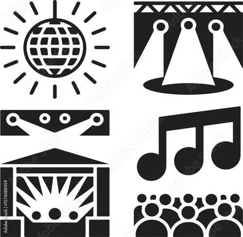 "Music and Performance Icons – Disco Ball, Stage Lights, and Audience"