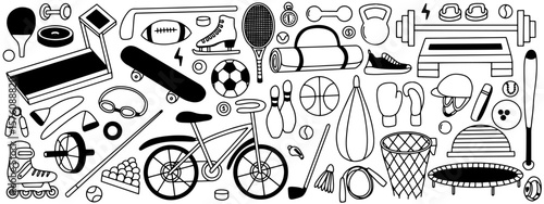 Sport equipment set. Hand drawn doodle set of sport equipment on white background. Gym and workout items