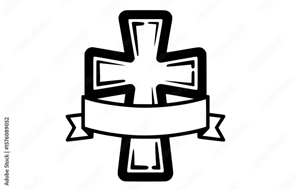 Obraz premium Blank banner on a gothic cross icon ideal for custom text, vintage logos or funeral announcements