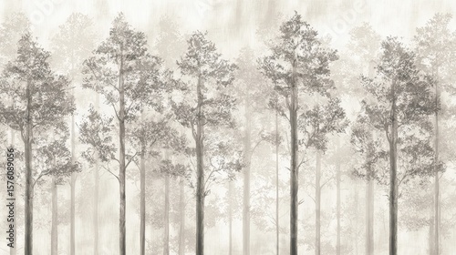 Misty Forest Landscape Featuring Tall Trees With Delicate Branches and Leaves in Serene Gray Tones