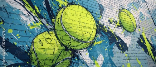 Vibrant Mural Illustration Showcasing Dynamic Tennis Ball Movement on Vibrant Urban Wall in a Lively Sports Setting