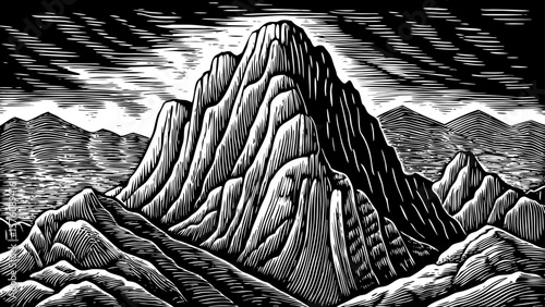 Mount Sinai, sacred biblical mountain with rocky terrain and religious significance, shown in spiritual black and white line art illustration for ancient history, faith-based art, and desert travel