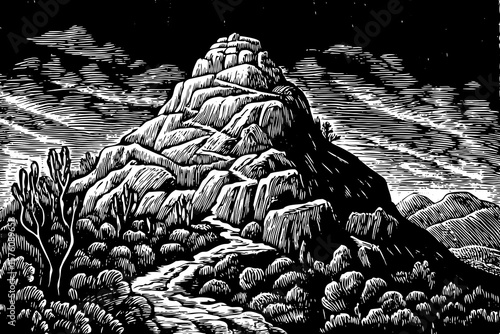Mount Sinai, sacred biblical mountain with rocky terrain and religious significance, shown in spiritual black and white line art illustration for ancient history, faith-based art, and desert travel
