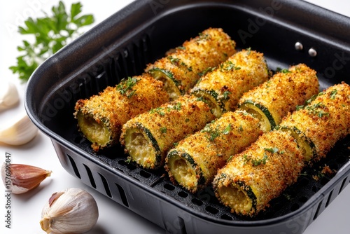 Zucchini rolls sit inside a black air fryer with garlic & herbs, crisp & delicious