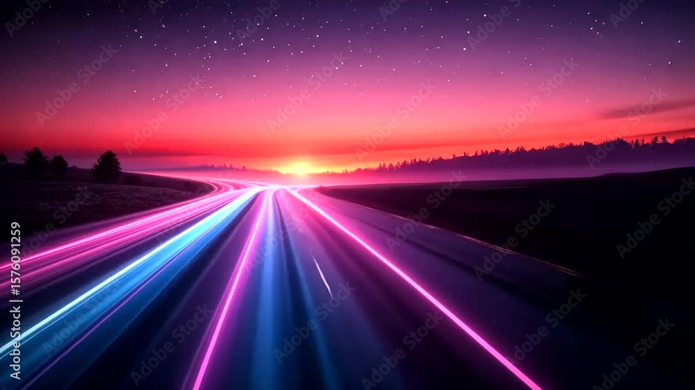 Futuristic highway road with neon light streaks under a starry night sky panorama Futuristic highway road with neon light streaks under a starry night sky panorama