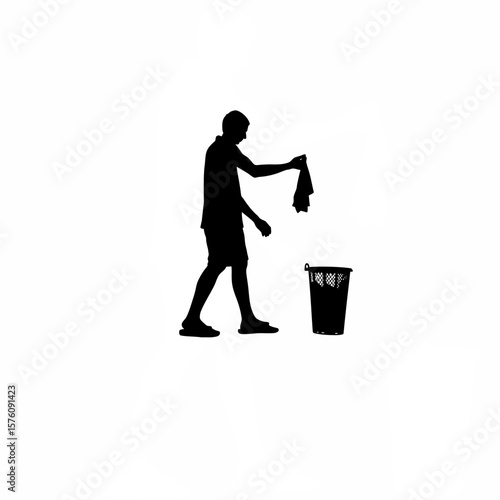 Silhouette of person wiping hands with tissue near bin on white background