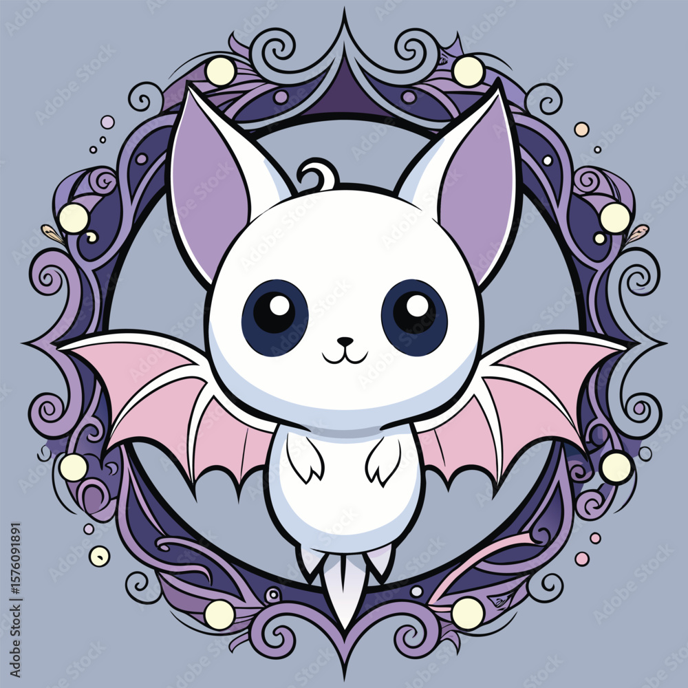 Fototapeta premium Cute white bat with purple wings and ornate frame pink