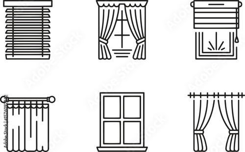Window Treatment Icon Set Blinds, Curtains, and Windows Vector Illustration