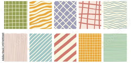 Hand drawn geometric seamless regular patterns set, collection. Doodle, uneven artistic lines, straight and diagonal pinstripes, stripes, bars, streaks, waves. Check, plaid, striped square backgrounds