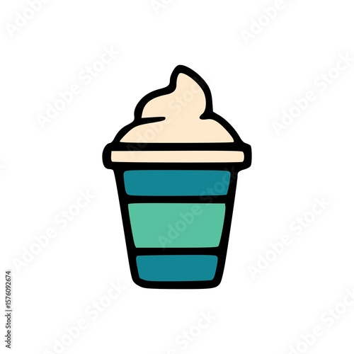 Cute vector illustration of iced beverage or milkshake with whipped topping in layered cup