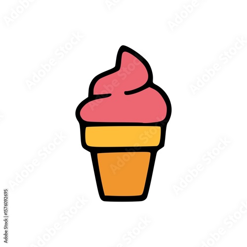 Cute doodle illustration of strawberry ice cream in cone with simple cartoon design and flat colors