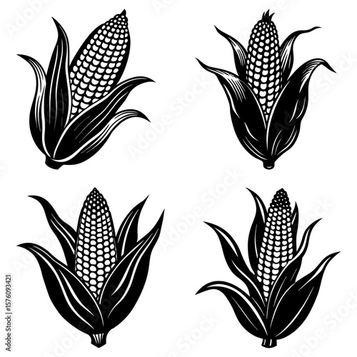 Four monochrome corn cobs with husks arranged in a square pattern on a white background design image