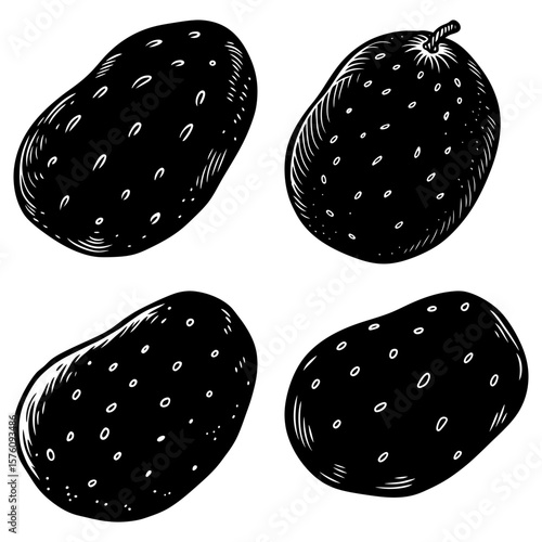 Four black and white potatoes with small white spots arranged in a simple graphic illustration style