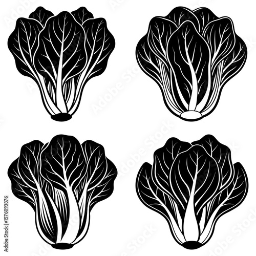 Four stylized bok choy vegetables in black and white with detailed leaf venation and compact heads design