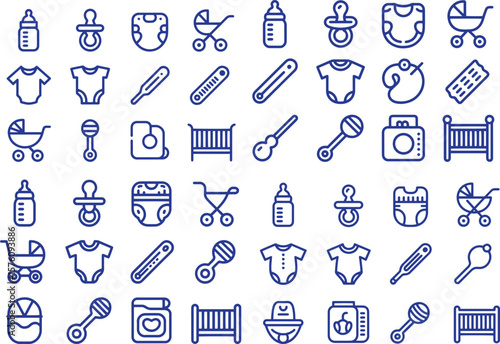 Baby care line icons set. Diaper, feeding, cradle, hygiene vector illustration. Editable stroke