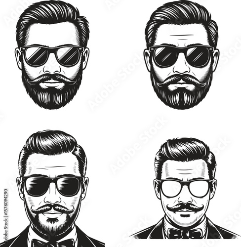 Bearded Men Portraits with Sunglasses in Monochrome Style Vector Illustrations