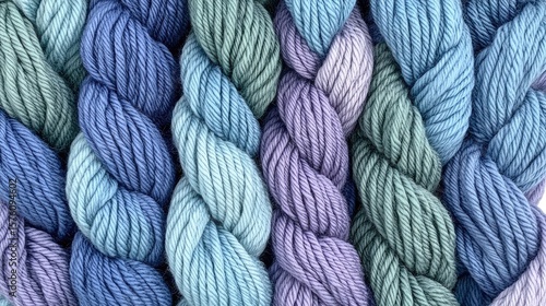 Close-up view of colorful skeins of yarn.