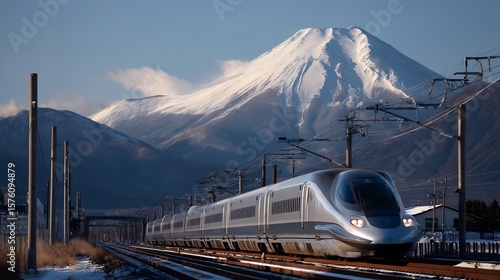 Japanese Bullet Train with Mount Fuji in Background, Symbolic Transportation