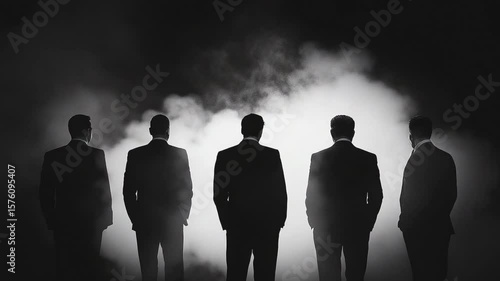 Shadowy Silhouette: A captivating monochromatic capture of men, shrouded in mystery. The image evokes intrigue as silhouetted figures stand poised.