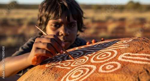 Aboriginal boy painting traditional art on rock in natural setting  