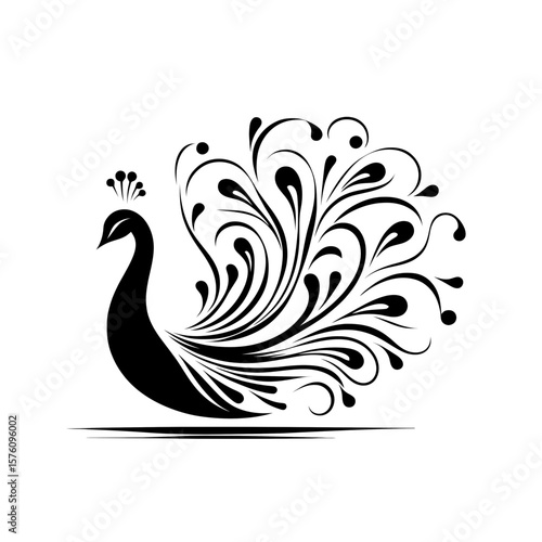 Decorative black peacock with intricate swirling feathers design, vector illustration. National peacock day, representation of represent confidence, pride, protection, and good luck
