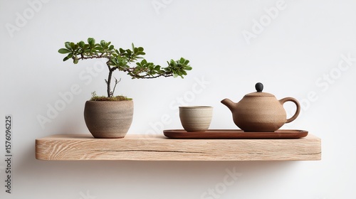 Wallpaper Mural The minimalist white wall background with a small bonsai tree hanging from a wooden shelf is perfect for a serene and sophisticated product presentation in high resolution. Torontodigital.ca
