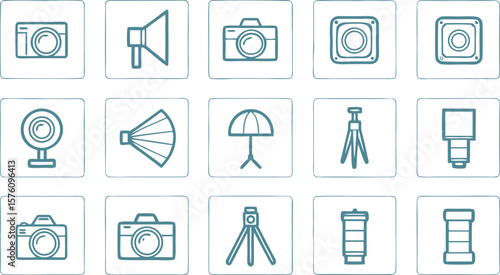 Photography equipment icons in teal outline camera