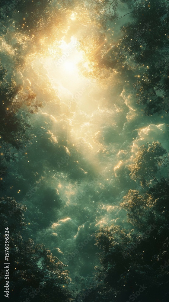 Fototapeta premium Sunlight Streaming Through Dense Woodland Canopy with Misty Clouds