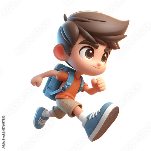 Schoolboy running with a backpack, transparent background