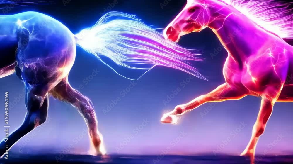 Majestic glowing horses run under starry night sky with vibrant colors. Majestic glowing horses run under starry night sky with vibrant colors.