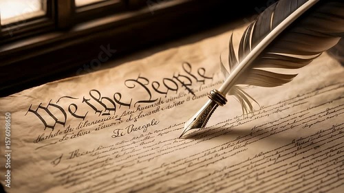We the people text on vintage parchment with quill pen. 4K Video