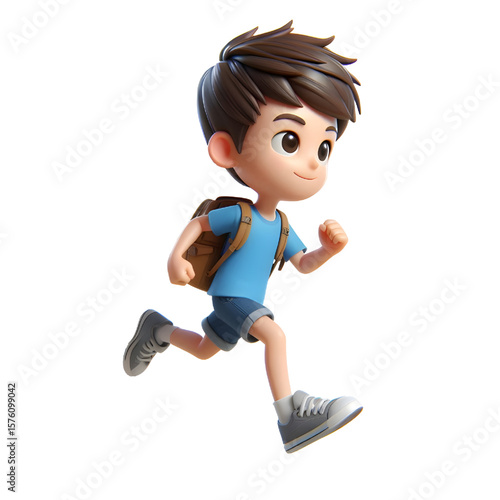 Schoolboy running with a backpack, transparent background