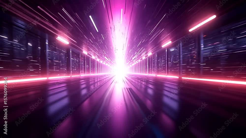 Futuristic neon tunnel with purple and pink light trails for science fiction concept