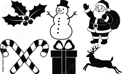 Simple black and white illustration featuring holly, snowman, candy cane, and reindeer for a Christmas theme

