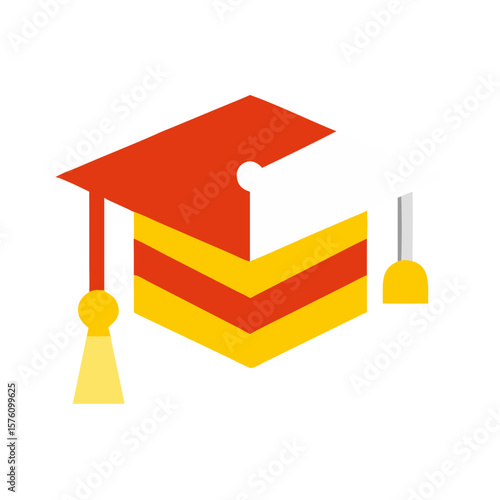 Graduation cap in red and yellow colors on white background  