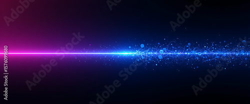 Abstract single glowing dark blue gradient line strick down from right top and on the edge of down line broken and creating shimmering glowing particles in pink purple and dark blue background, minima