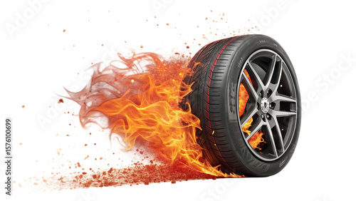A car tire engulfed in vibrant orange flames, isolated on transparent background, conveying speed and power