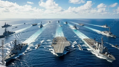 Aerial View of Naval Fleet Sailing Across Blue Ocean Under Clear Sky