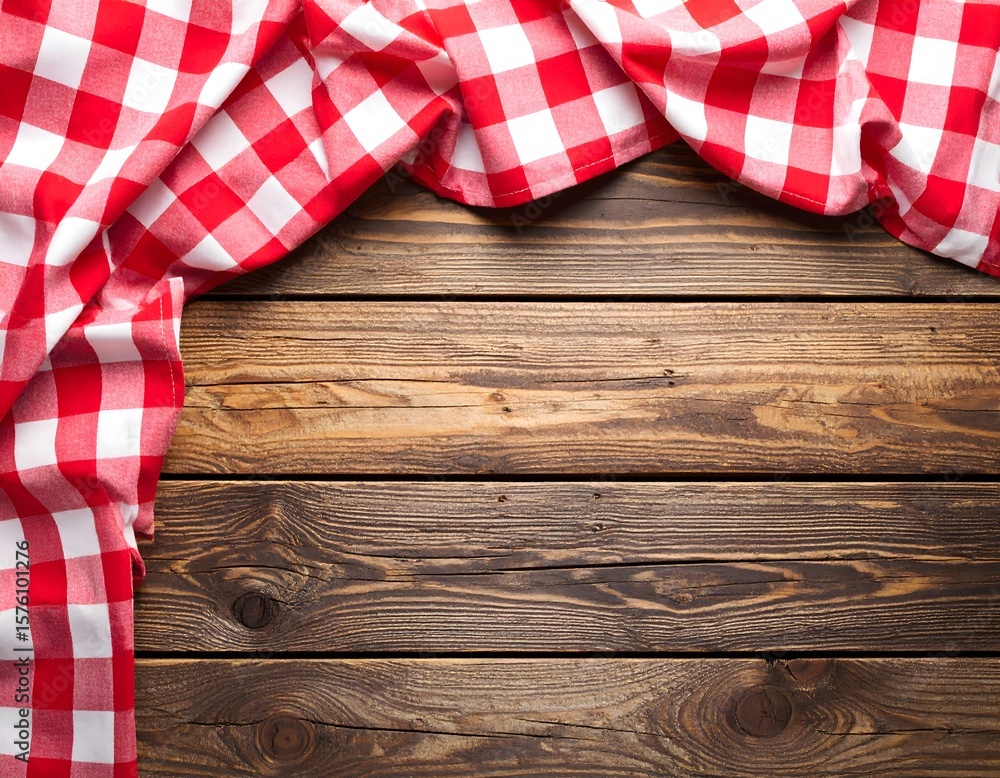Obraz premium Red and white checkered tablecloth draped artfully on a rustic brown wooden table, creating a charming and inviting scene.